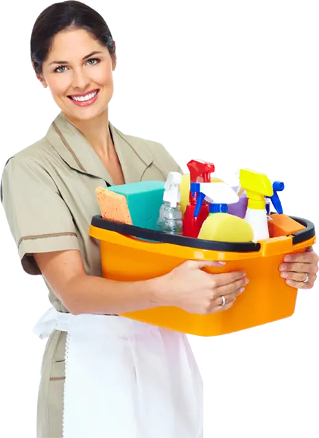 Woman holding cleaning utilities